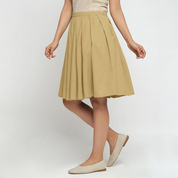 Left View of a Model wearing Light Khaki Cotton Flax Pleated Skirt