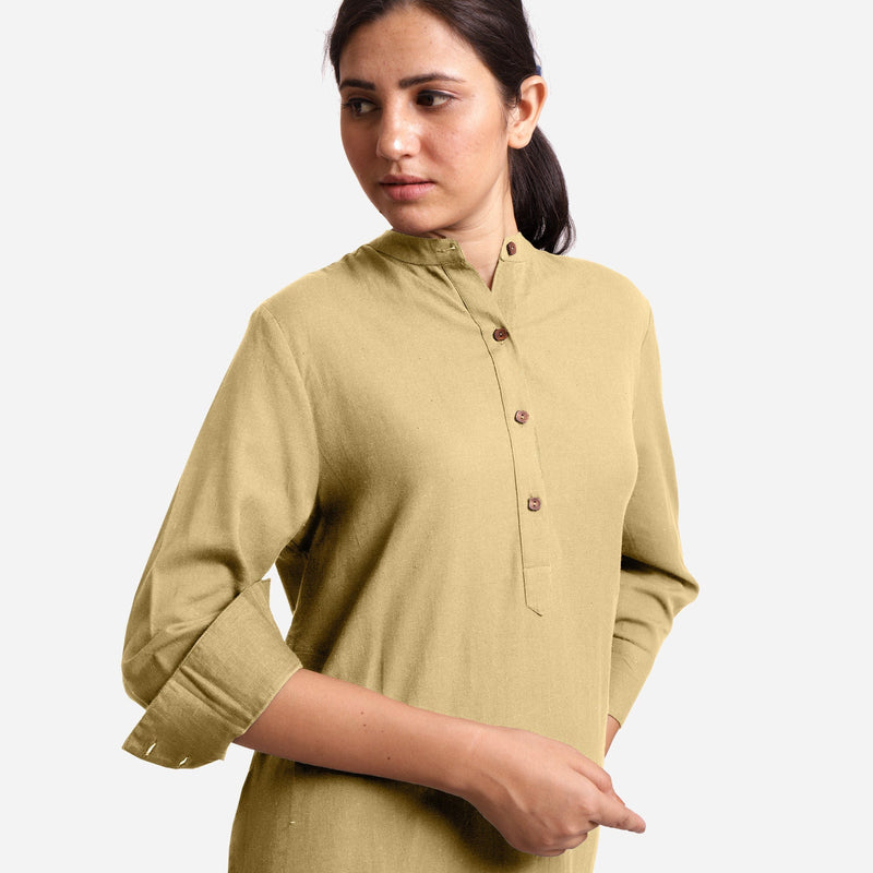 Front Detail of a Model wearing Light Khaki Cotton Flax Shirt Dress