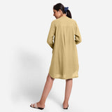 Back View of a Model wearing Light Khaki Cotton Flax Shirt Dress