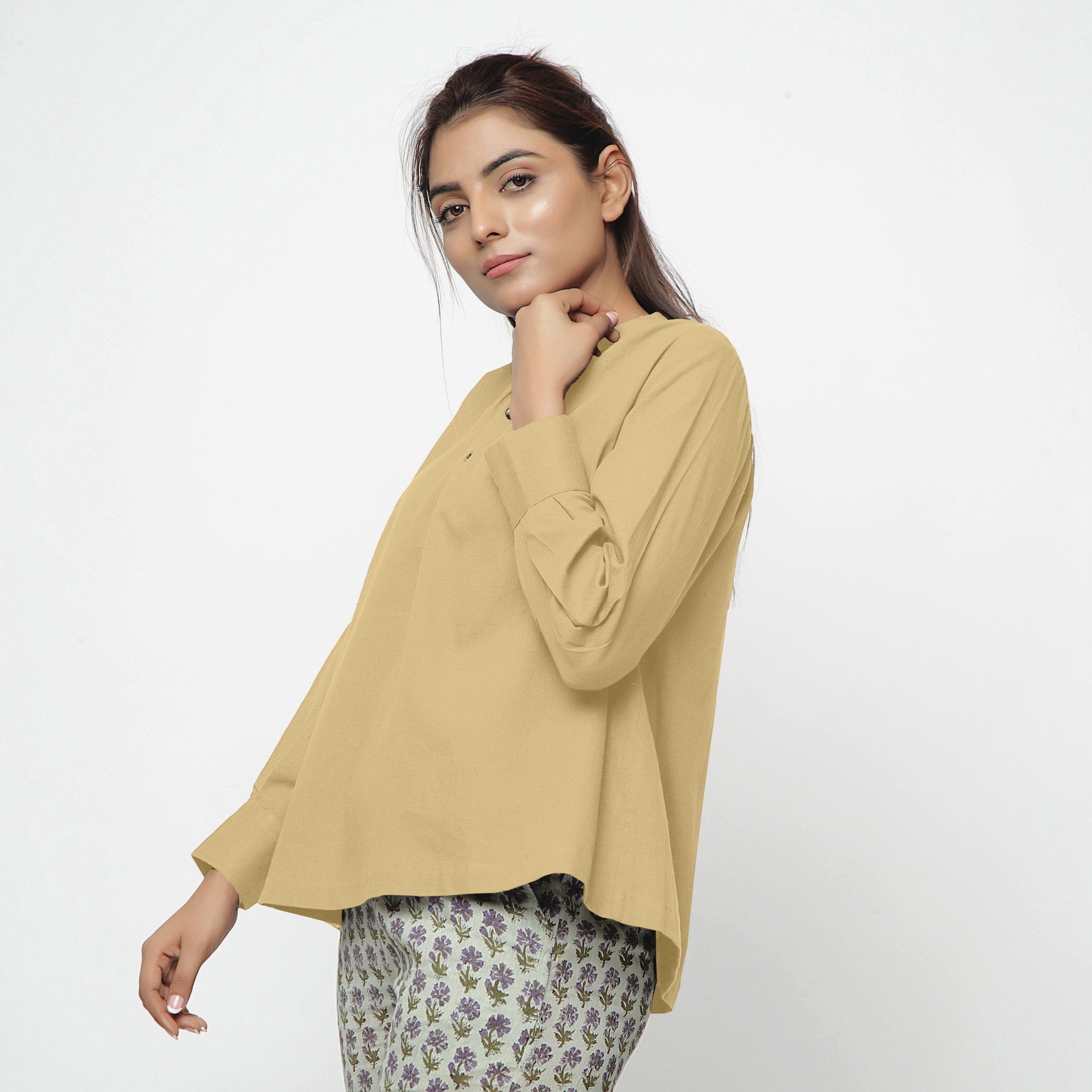 Left View of a Model wearing Light Khaki Cotton Flax Straight Yoked Top