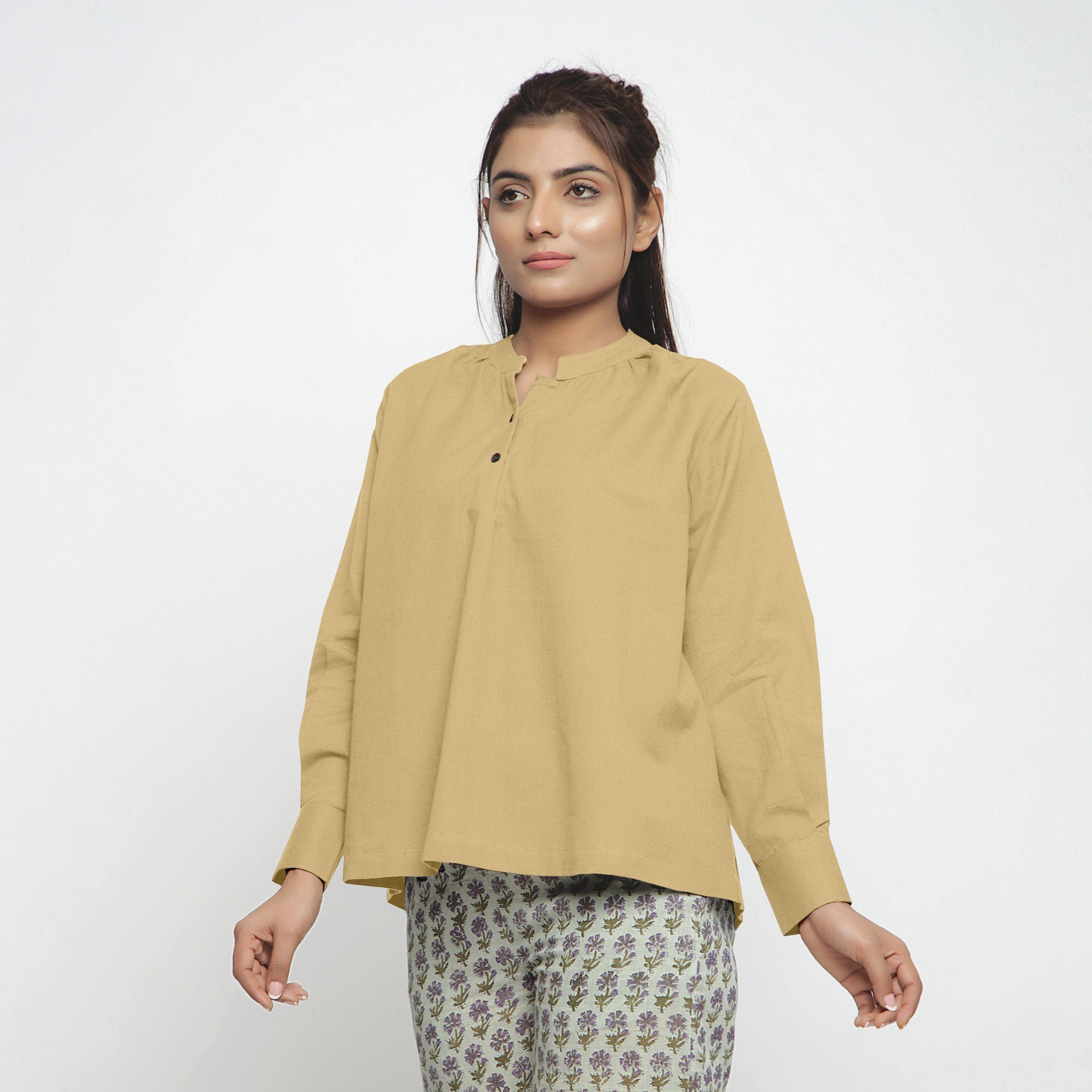 Front View of a Model wearing Light Khaki Cotton Flax Straight Yoked Top