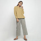 Front View of a Model wearing Light Khaki Cotton Flax Straight Yoked Top
