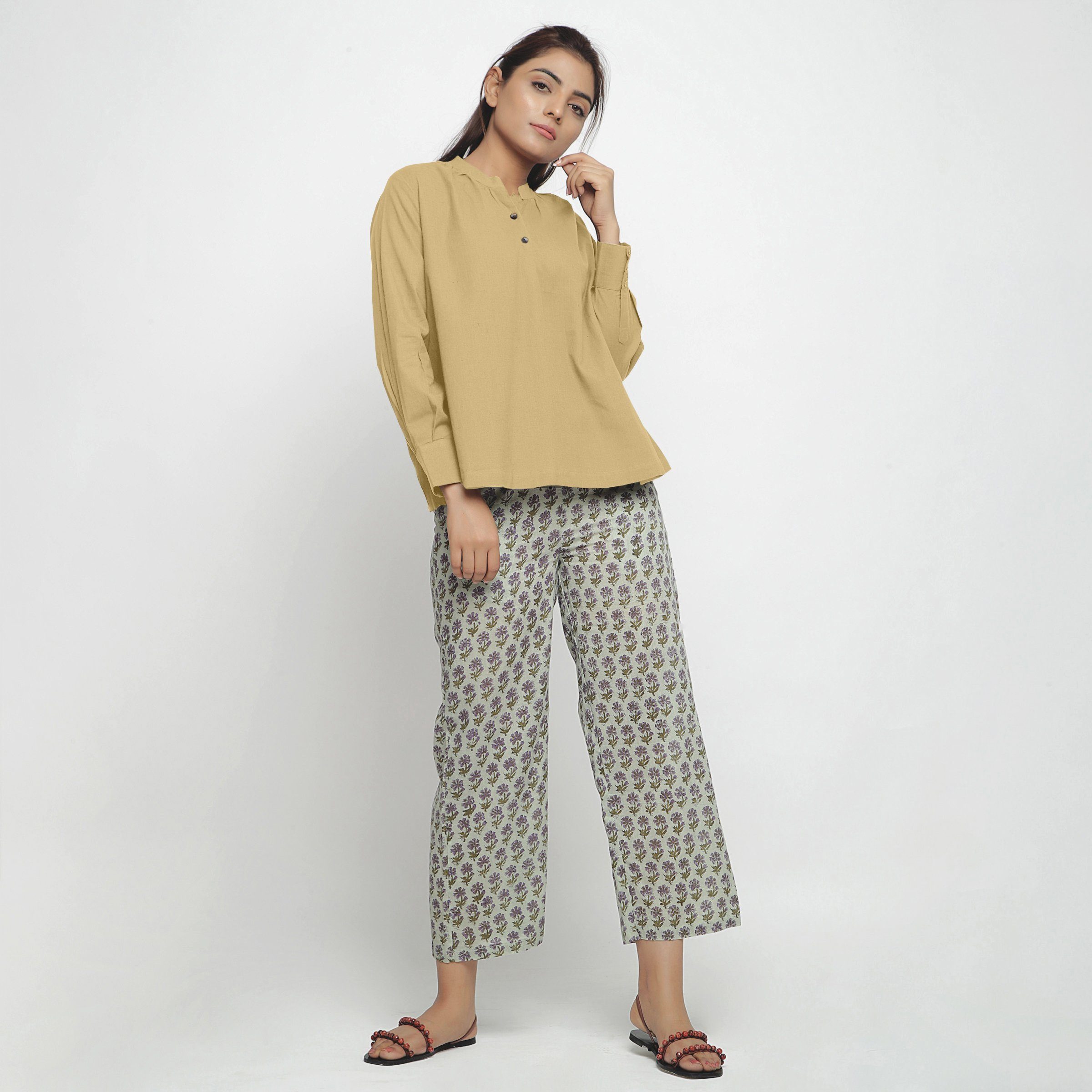 Front View of a Model wearing Light Khaki Cotton Flax Straight Yoked Top