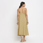 Back View of a Model wearing Light Khaki Cotton Flax Strap Sleeve A-Line Dress