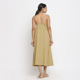 Back View of a Model wearing Light Khaki Cotton Flax Strap Sleeve A-Line Dress