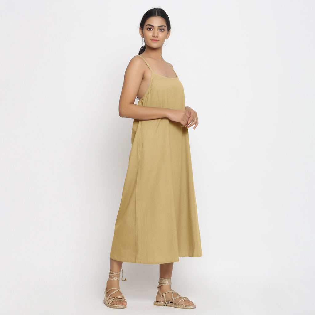 Right View of a Model wearing Light Khaki Cotton Flax Strap Sleeve A-Line Dress