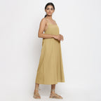 Right View of a Model wearing Light Khaki Cotton Flax Strap Sleeve A-Line Dress