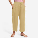 Front View of a Model wearing Light Khaki Cotton Flax Wide Legged Pant