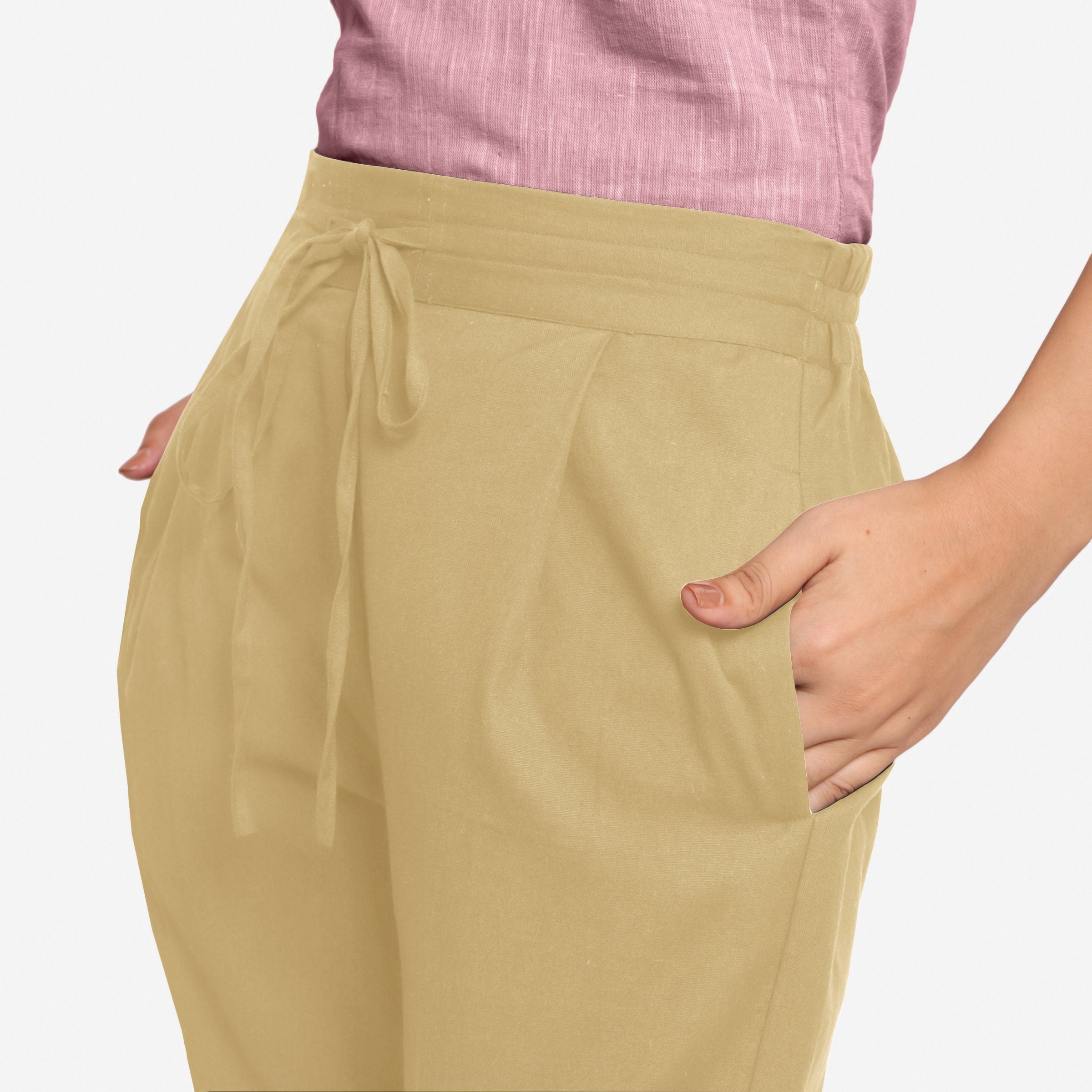 Front Detail of a Model wearing Light Khaki Cotton Flax Wide Legged Pant