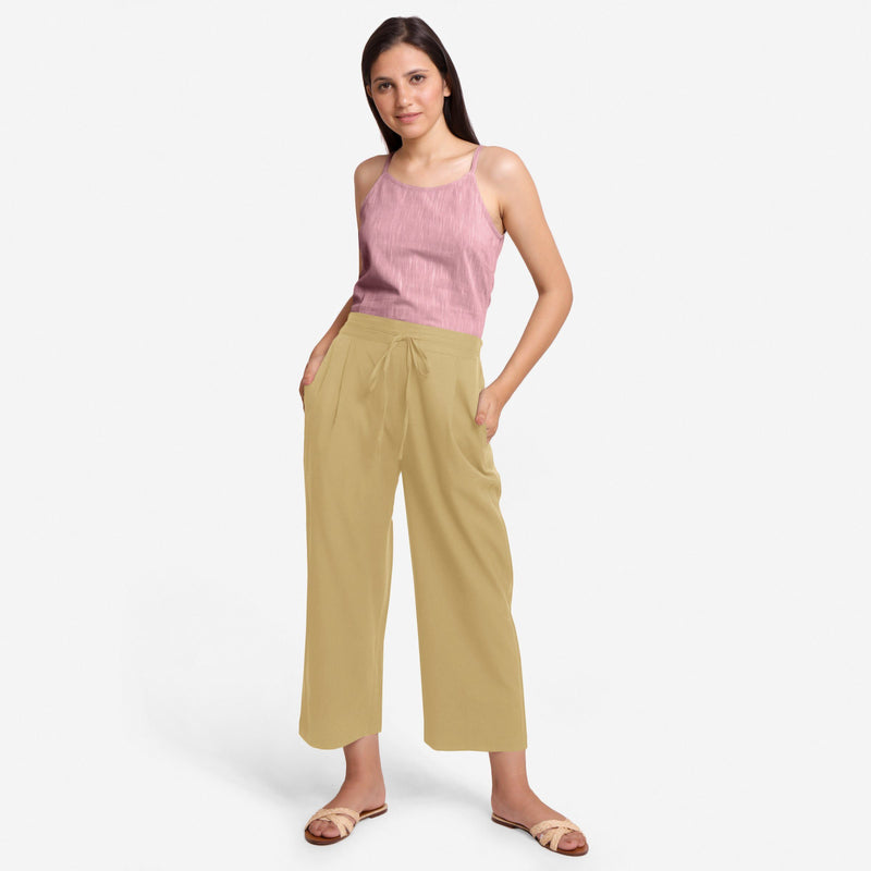 Front View of a Model wearing Light Khaki Cotton Flax Wide Legged Pant