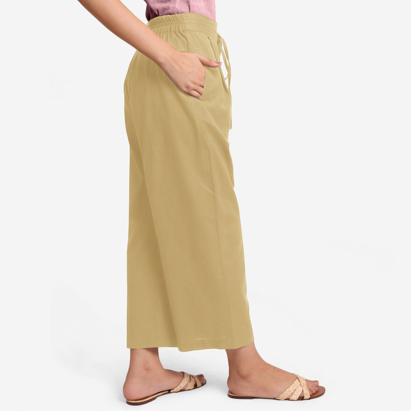 Right View of a Model wearing Light Khaki Cotton Flax Wide Legged Pant