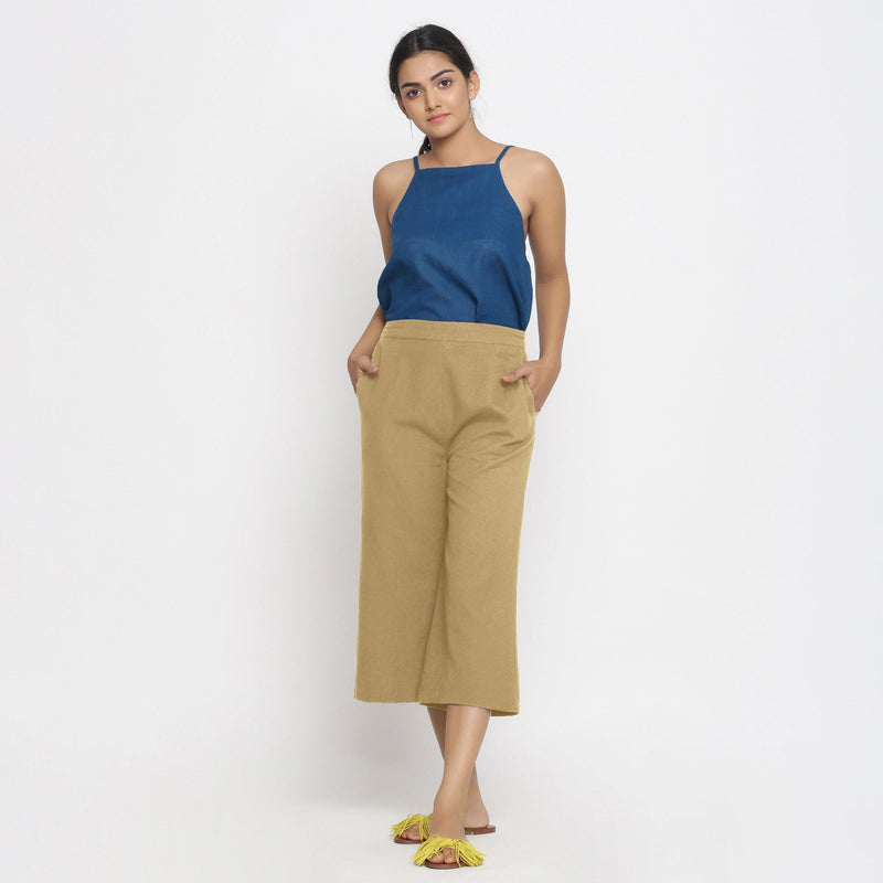Front View of a Model wearing Light Khaki Mid-Rise Cotton Flax Culottes