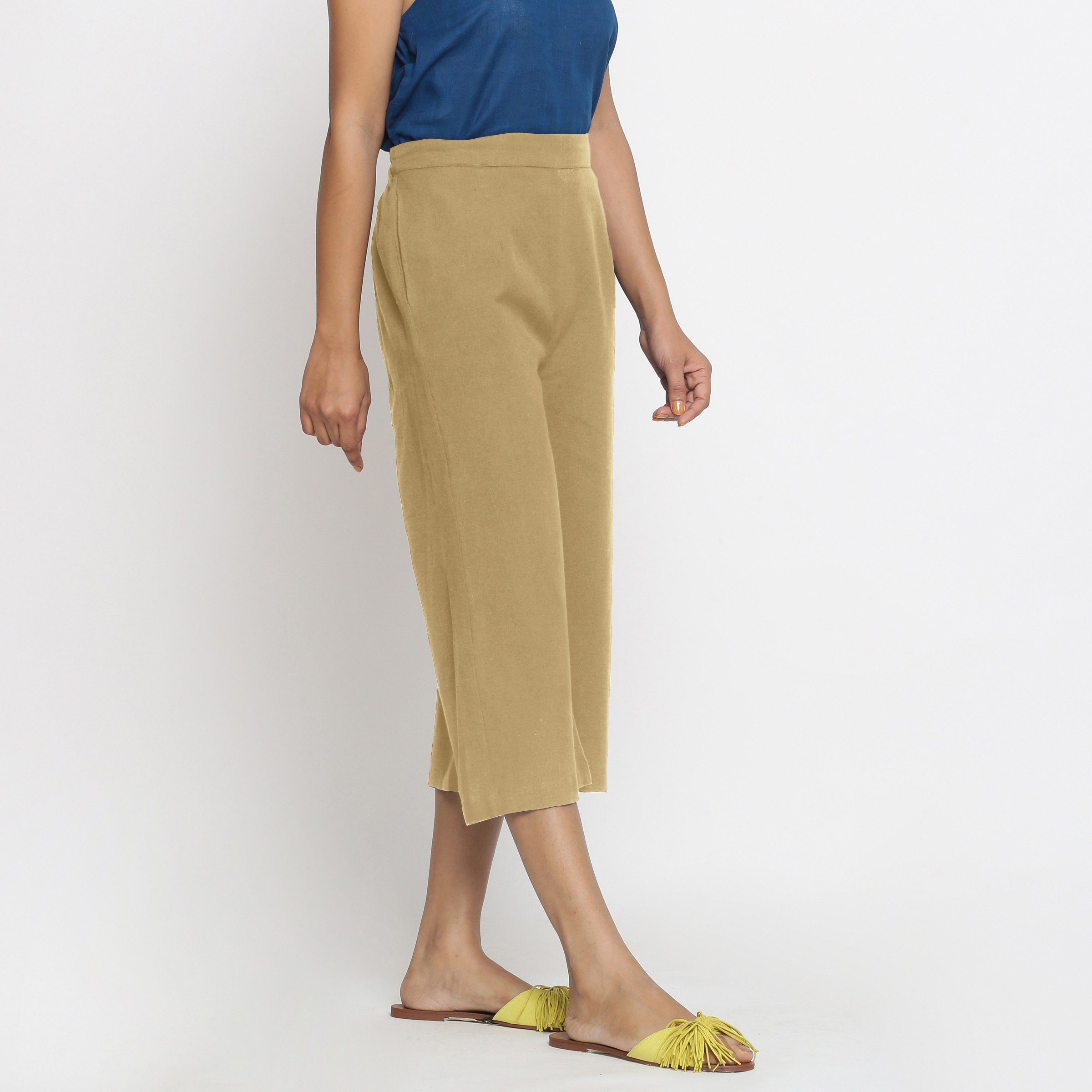 Right View of a Model wearing Light Khaki Mid-Rise Cotton Flax Culottes