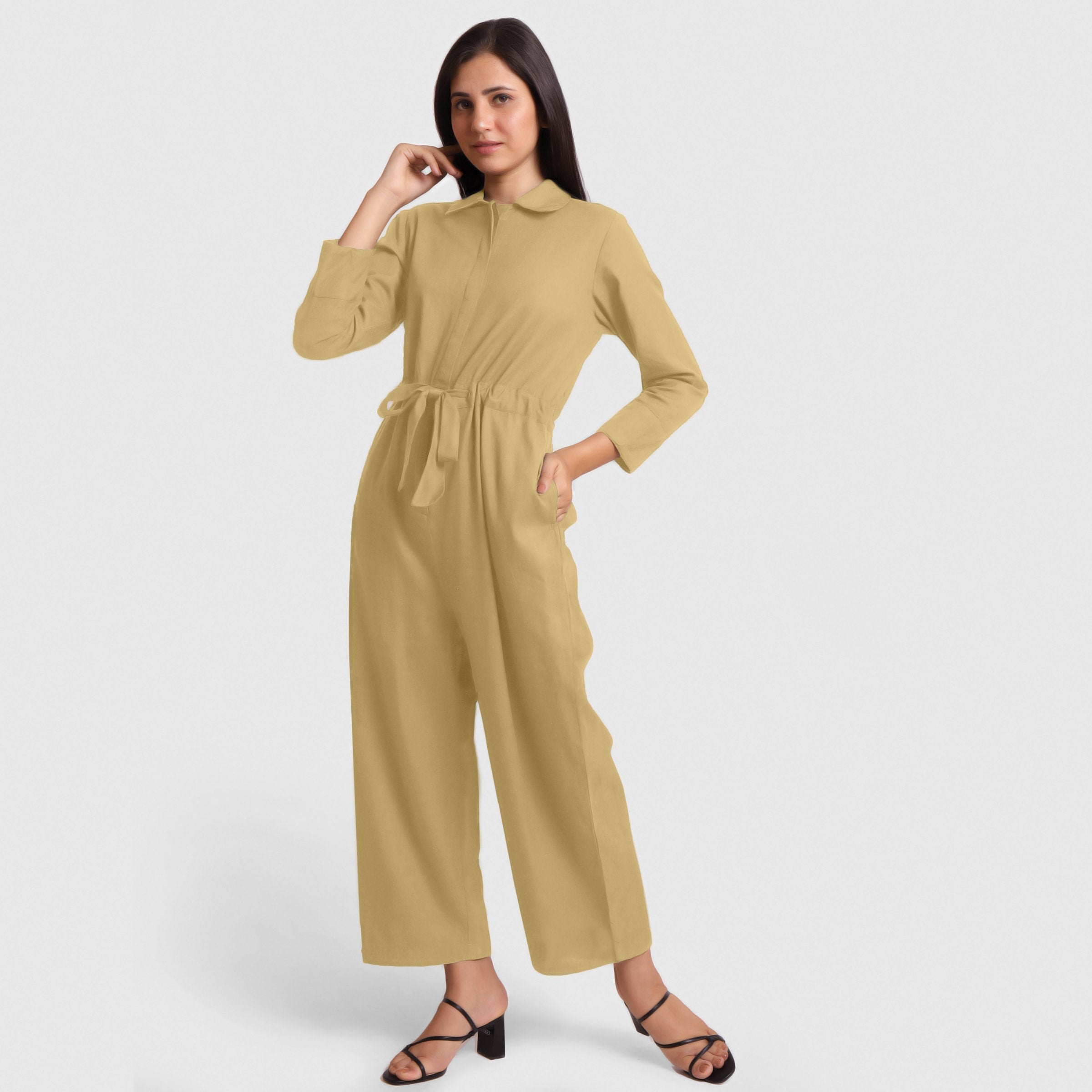 Front View of a Model wearing Light Khaki Wide Legged Cotton Overall