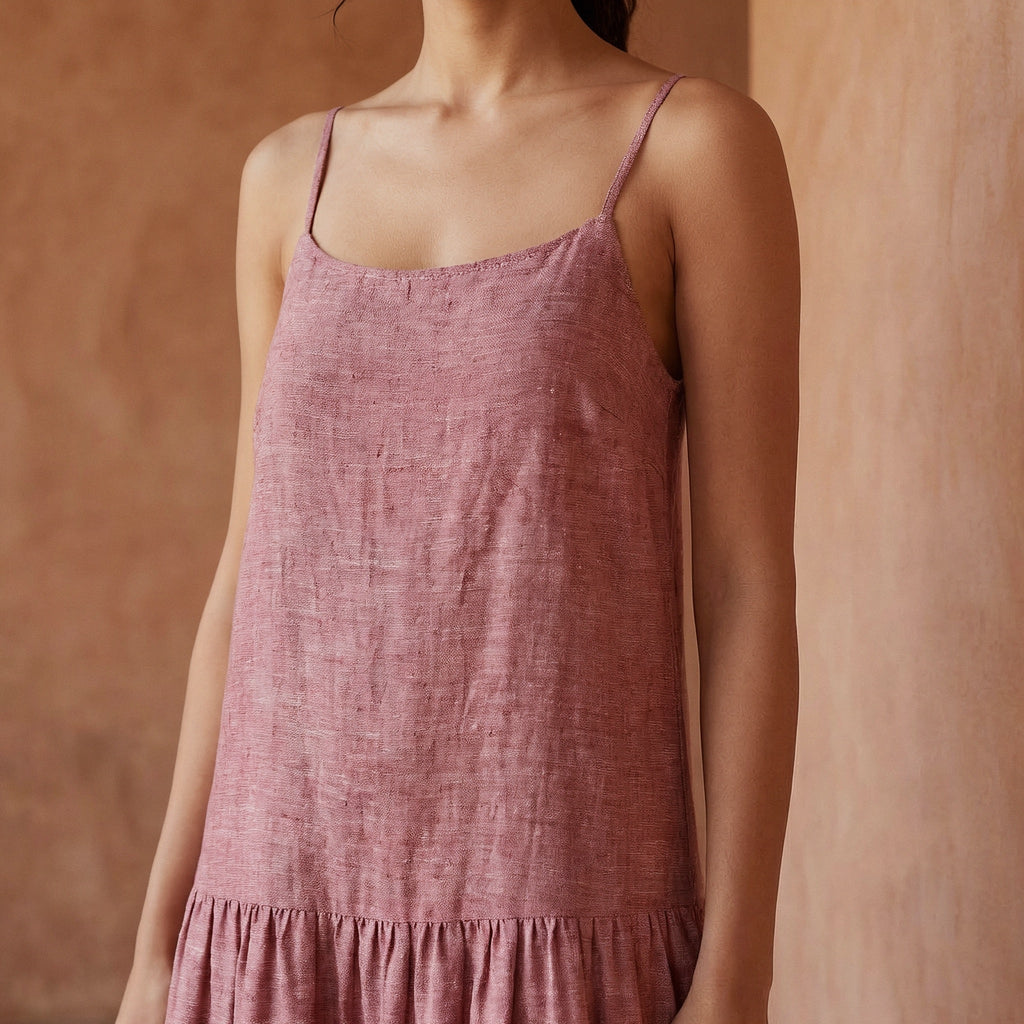 Light Magenta Yarn-Dyed Cotton Drop-Waist Camisole Maxi Tier Dress