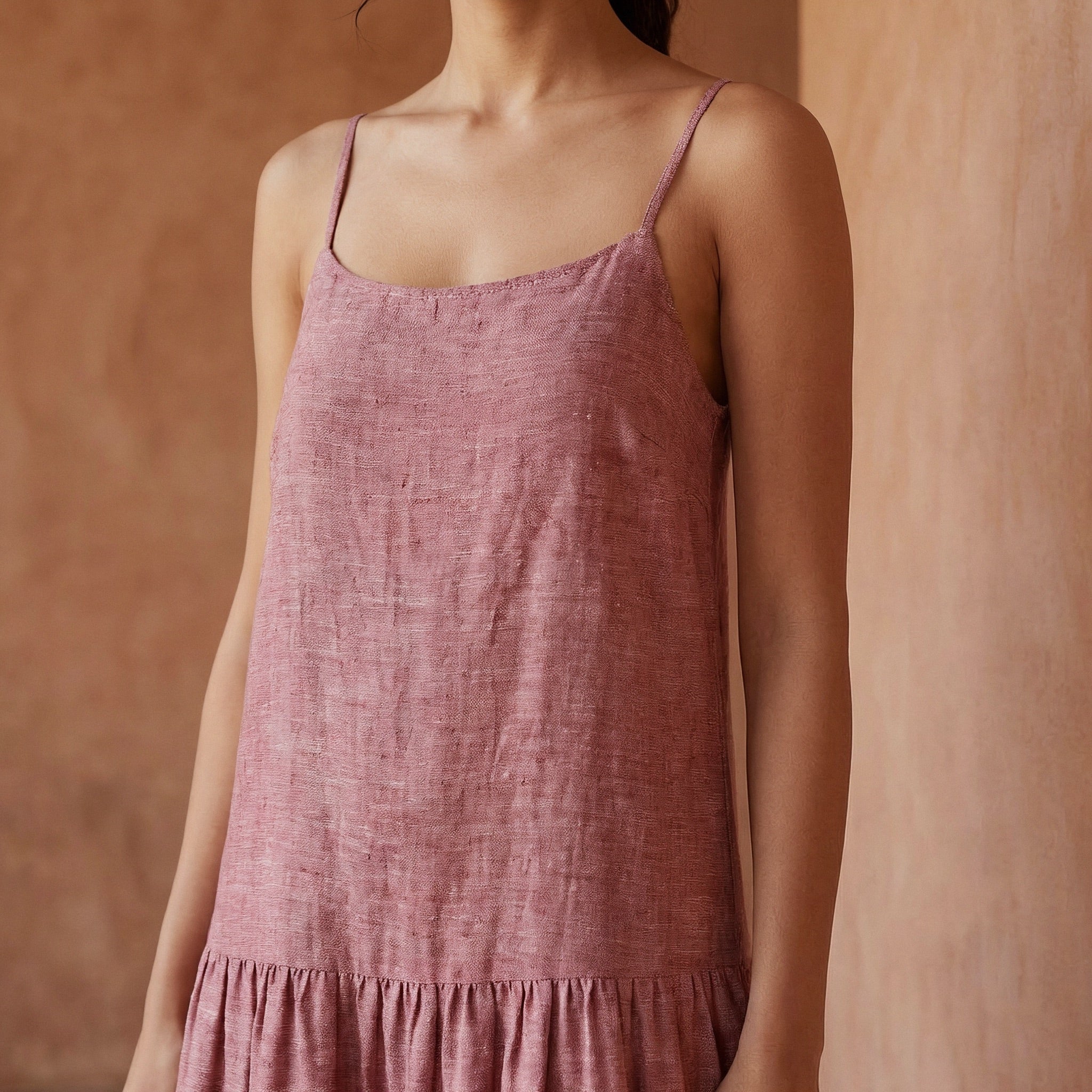 Light Magenta Yarn-Dyed Cotton Drop-Waist Camisole Maxi Tier Dress