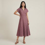Light Maroon Yarn-Dyed Cotton Paneled A-Line Midi Dress