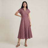 Light Maroon Yarn-Dyed Cotton Paneled A-Line Midi Dress