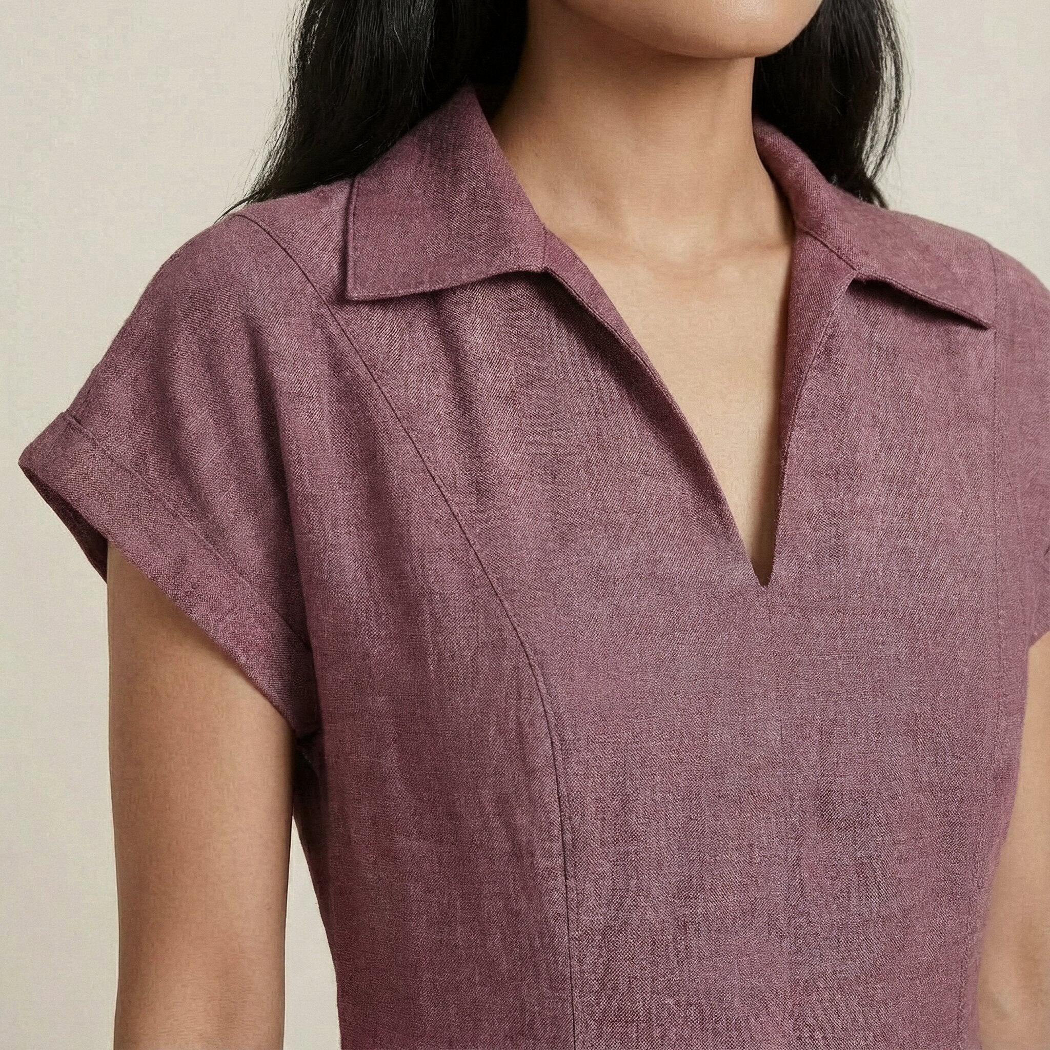 Light Maroon Yarn-Dyed Cotton Paneled A-Line Midi Dress