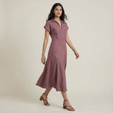 Light Maroon Yarn-Dyed Cotton Paneled A-Line Midi Dress