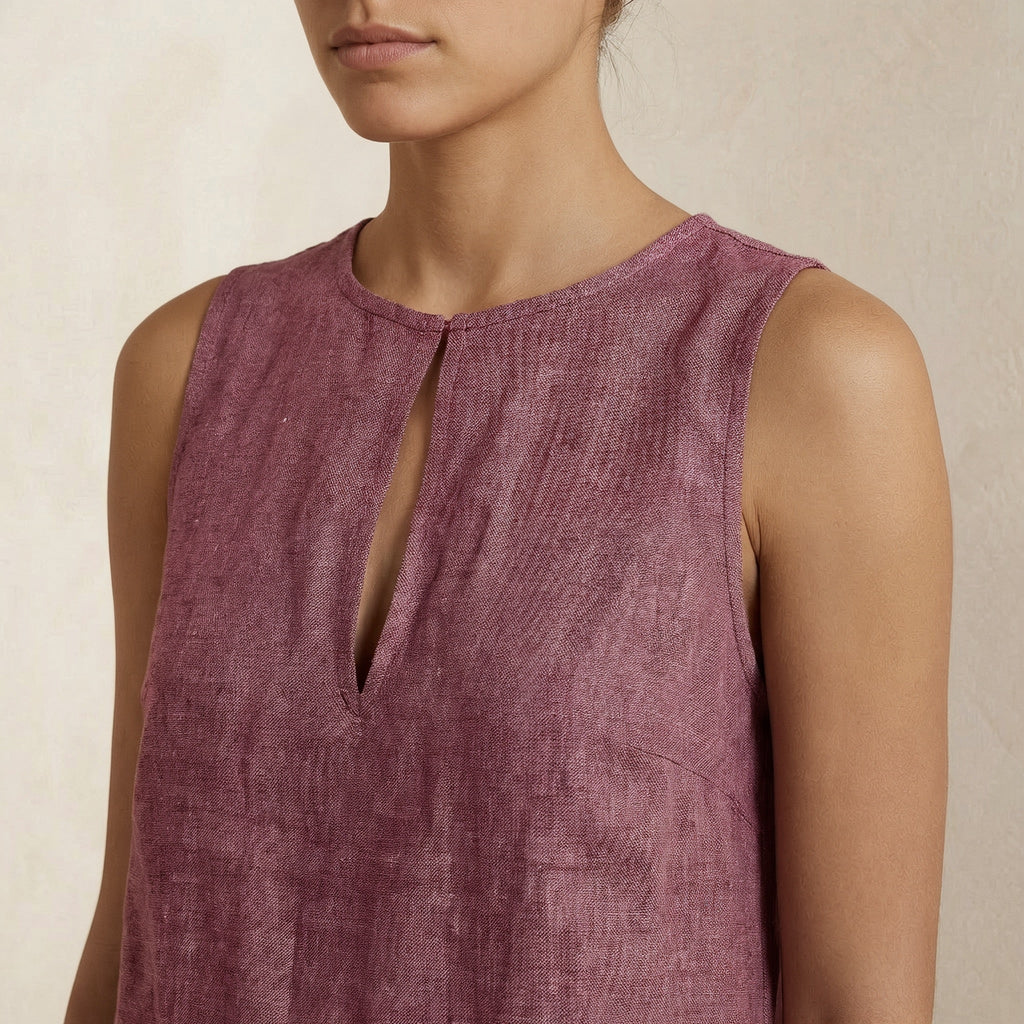 Light Magenta Yarn-Dyed Cotton Sleeveless A-Line Short Shift Dress