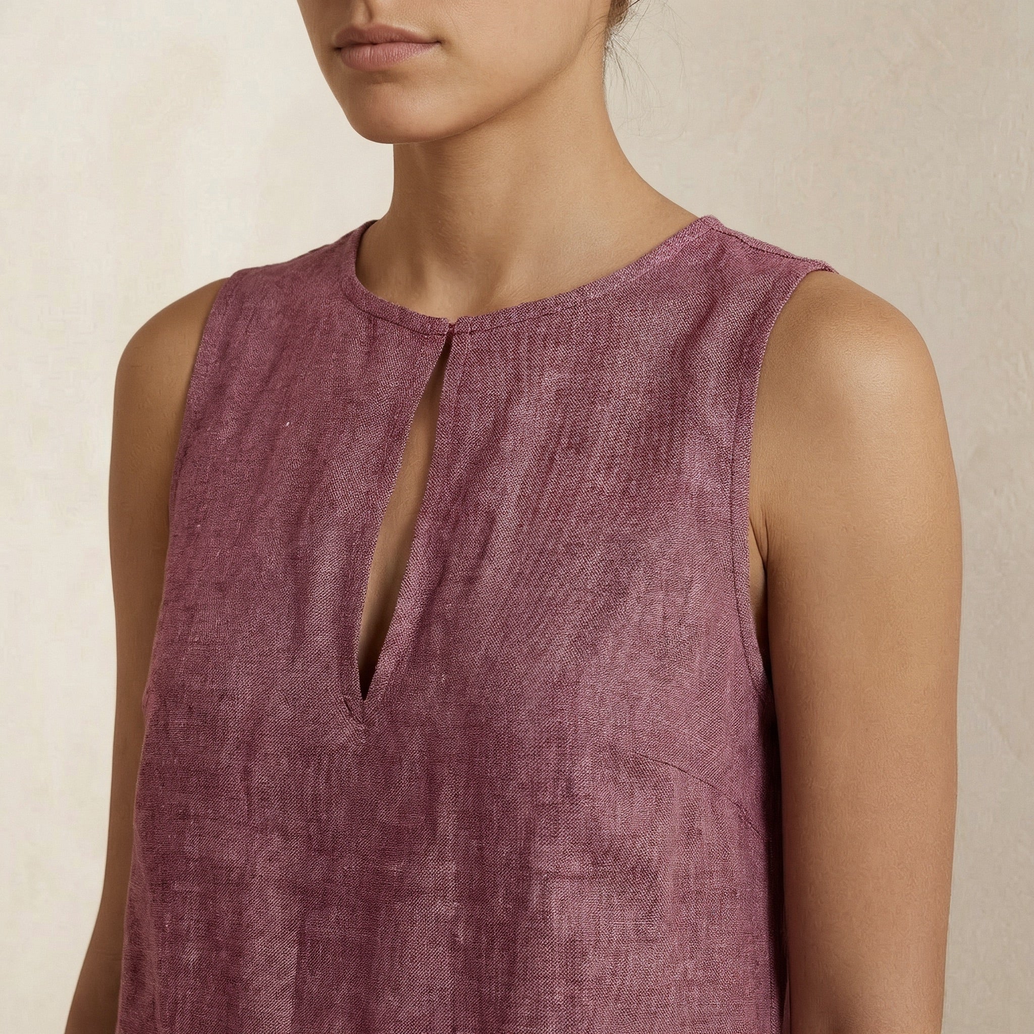 Light Magenta Yarn-Dyed Cotton Sleeveless A-Line Short Shift Dress