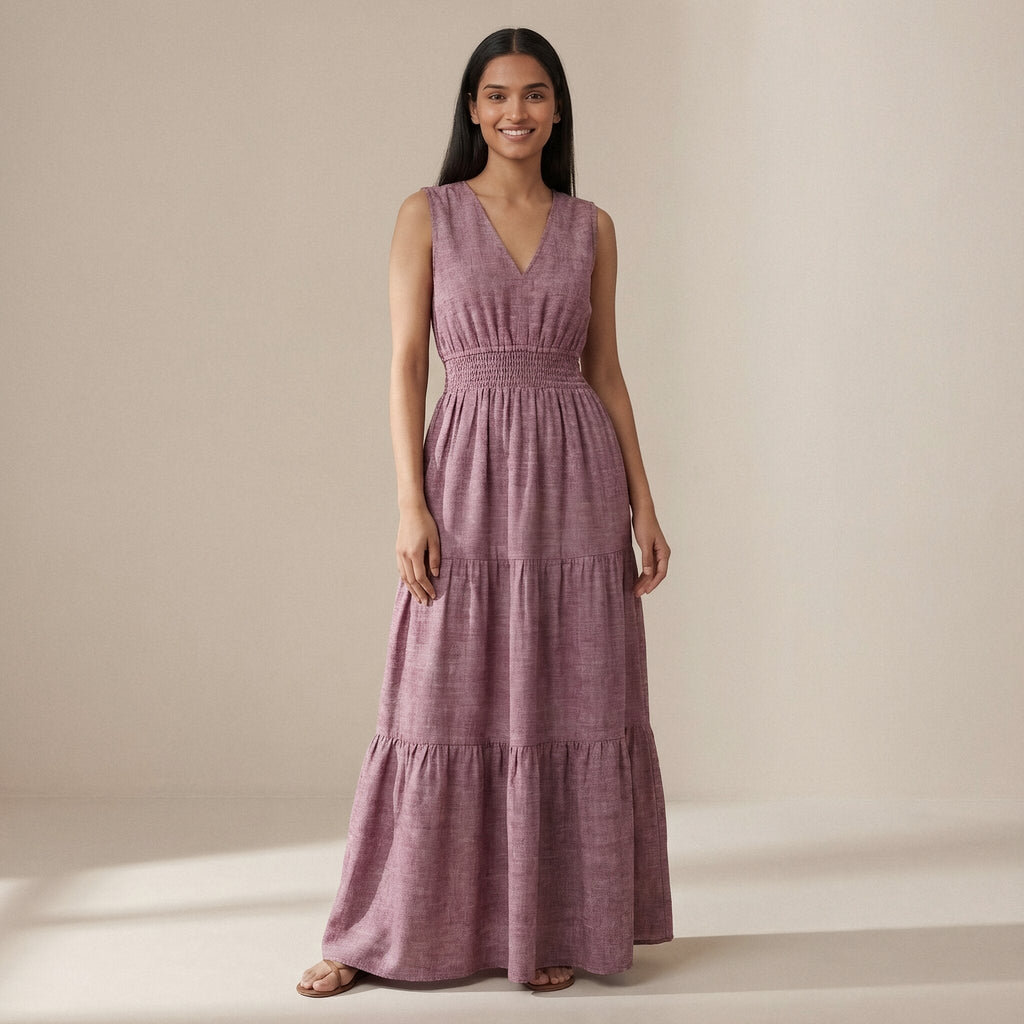 Light Maroon 100% Cotton Sleeveless Fit and Flare Tier Dress