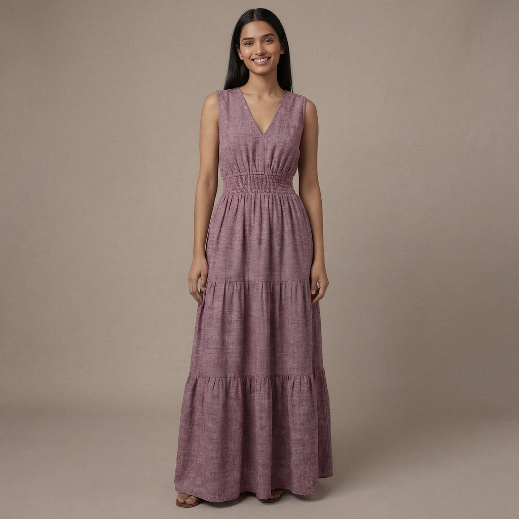 Light Maroon 100% Cotton Sleeveless Fit and Flare Tier Dress
