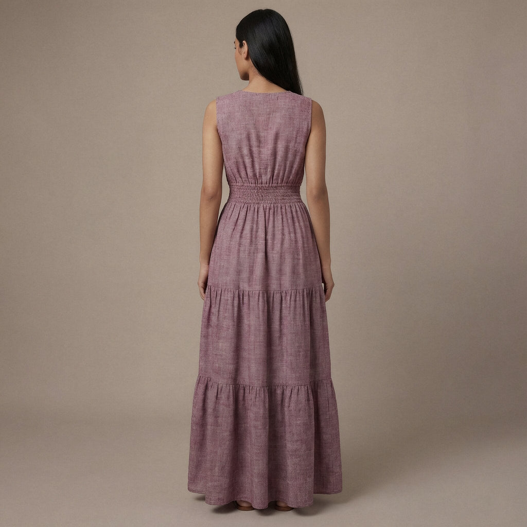Light Maroon 100% Cotton Sleeveless Fit and Flare Tier Dress