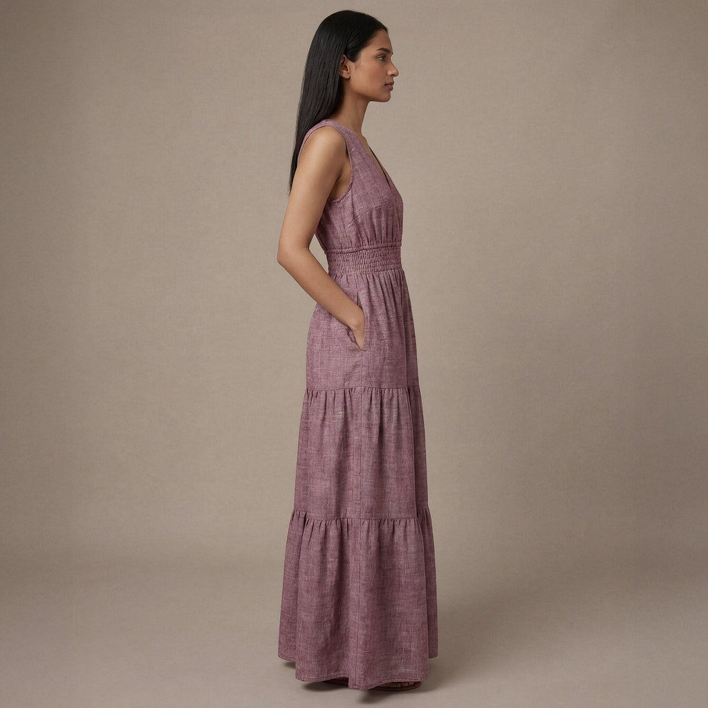 Light Maroon 100% Cotton Sleeveless Fit and Flare Tier Dress
