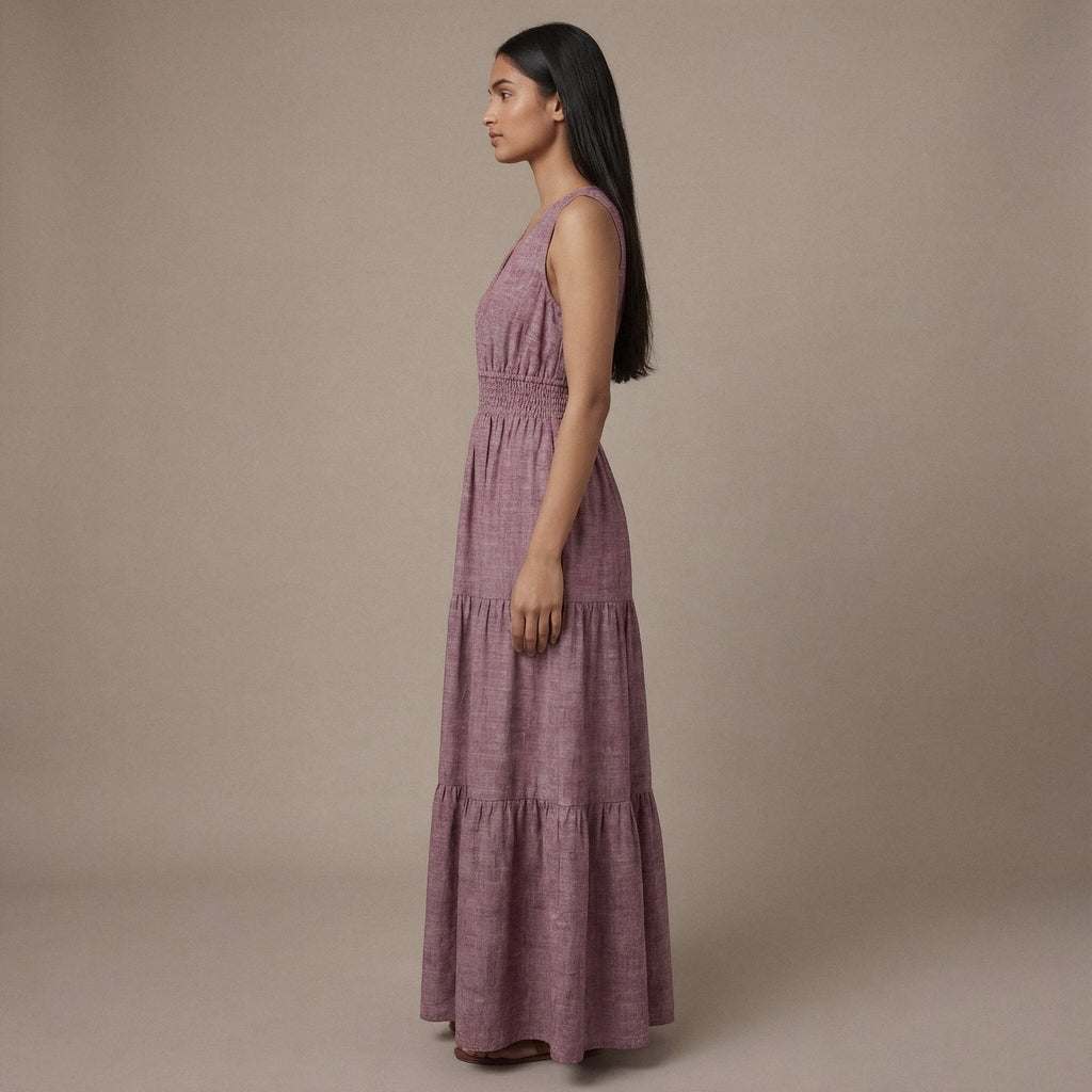 Light Maroon 100% Cotton Sleeveless Fit and Flare Tier Dress