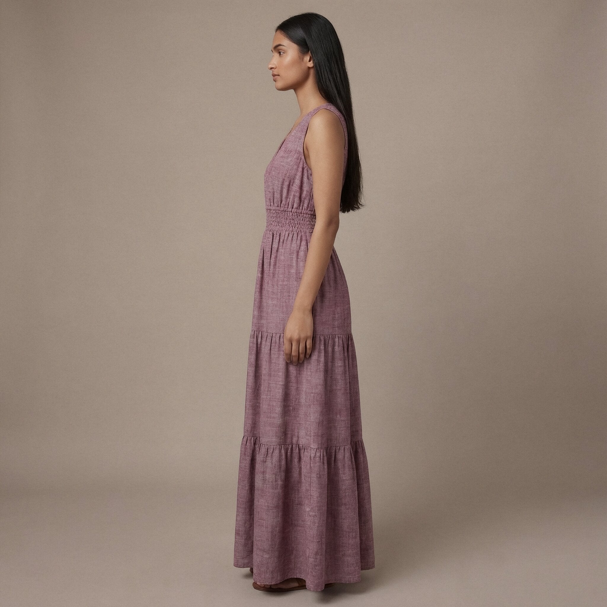 Light Maroon 100% Cotton Sleeveless Fit and Flare Tier Dress