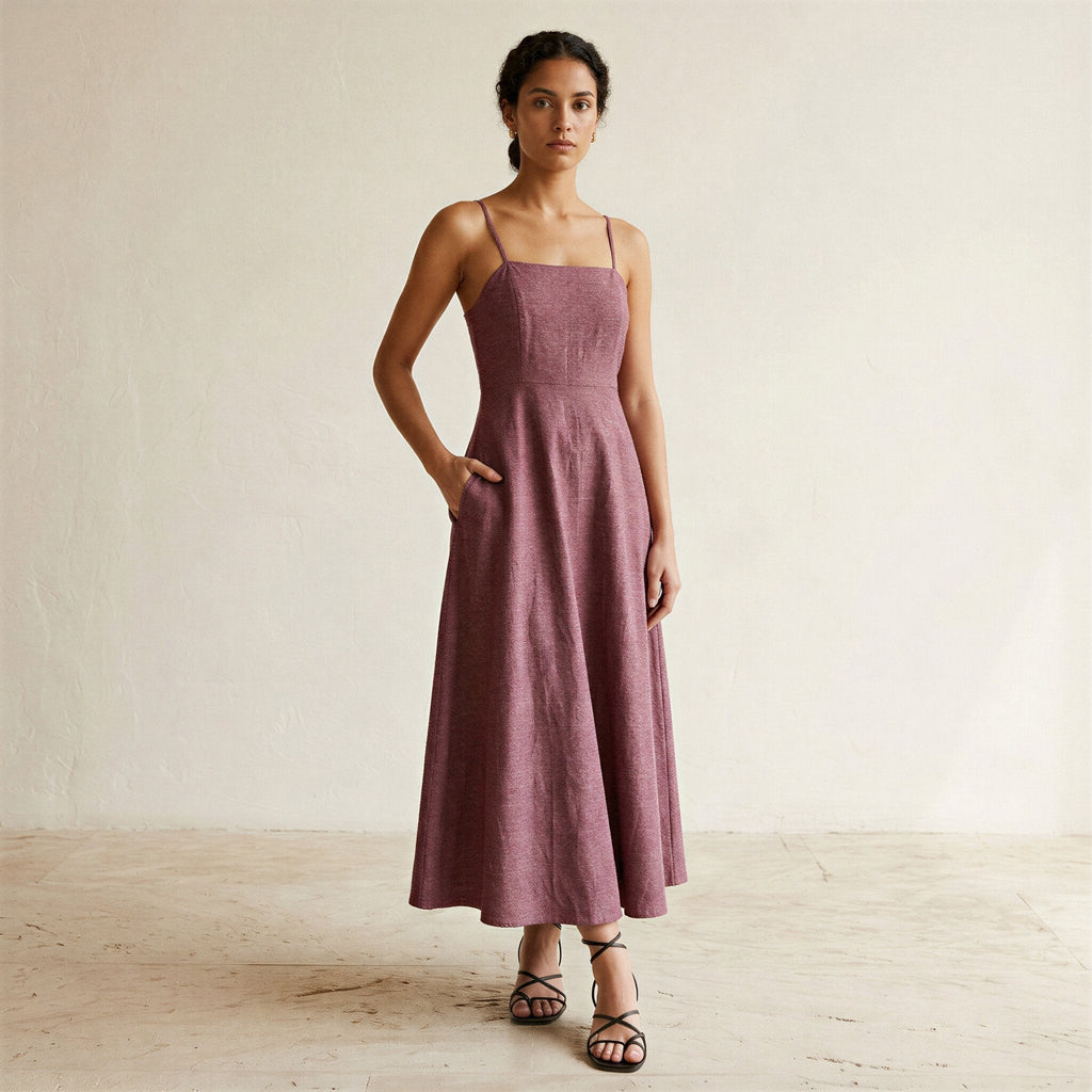 Light Maroon Yarn-Dyed Cotton Ankle Length Flared Sundress