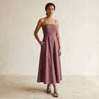 Light Maroon Yarn-Dyed Cotton Ankle Length Flared Sundress