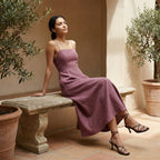 Light Maroon Yarn-Dyed Cotton Ankle Length Flared Sundress