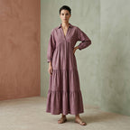 Light Maroon Yarn-Dyed Cotton Deep-V Maxi Tier Dress