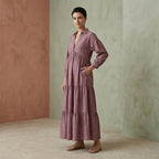 Light Maroon Yarn-Dyed Cotton Deep-V Maxi Tier Dress