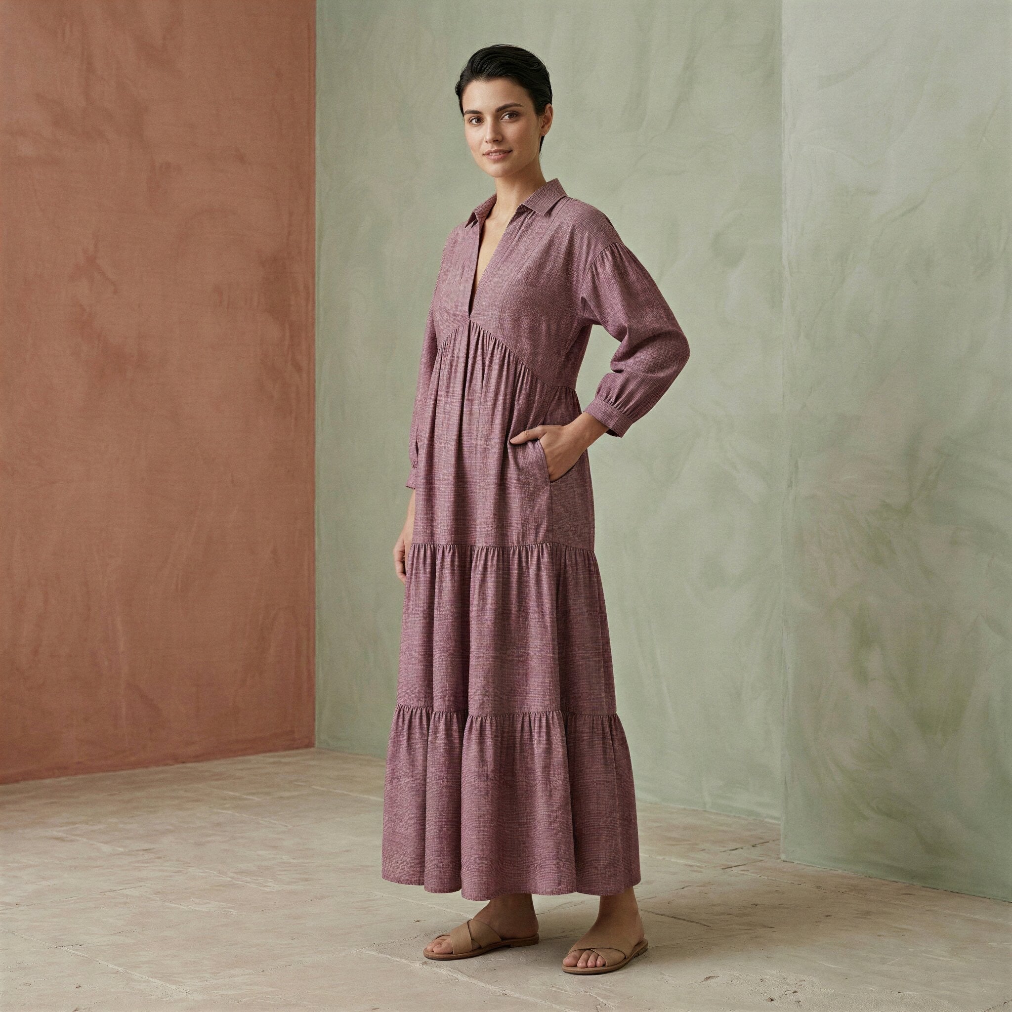 Light Maroon Yarn-Dyed Cotton Deep-V Maxi Tier Dress