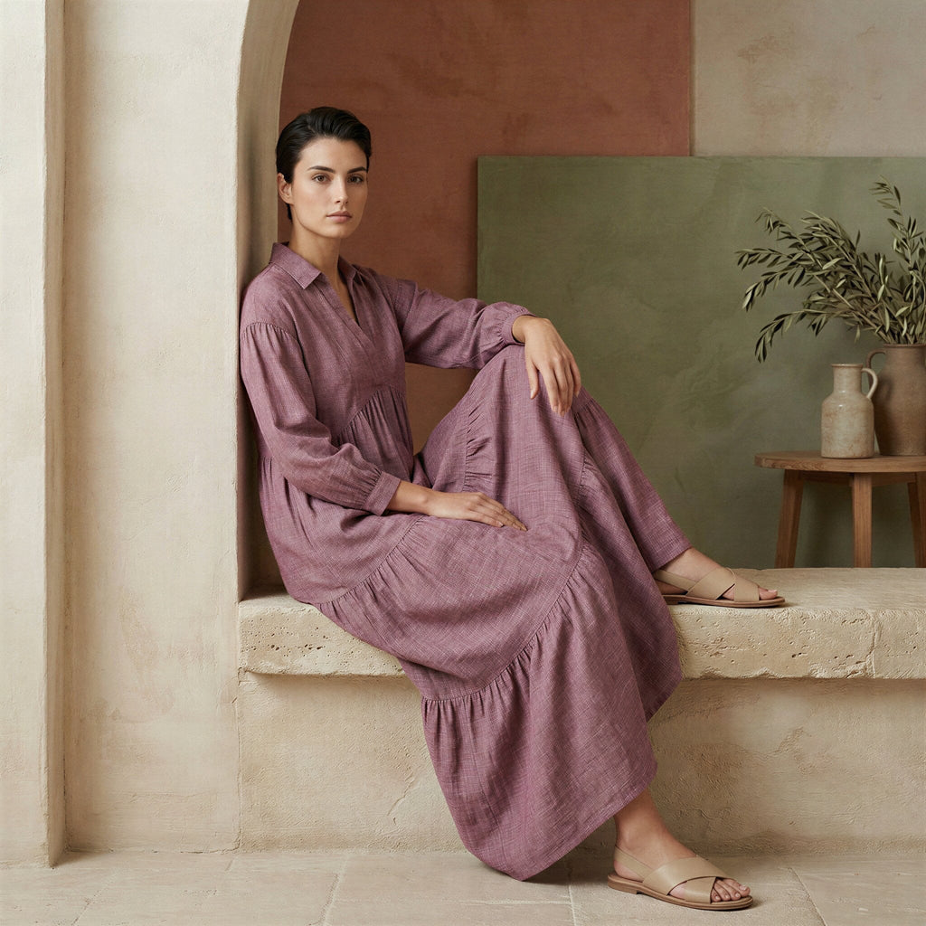 Light Maroon Yarn-Dyed Cotton Deep-V Maxi Tier Dress
