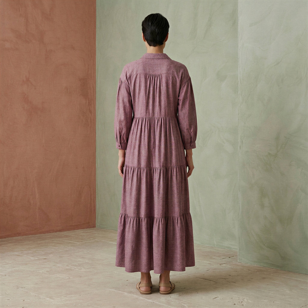 Light Maroon Yarn-Dyed Cotton Deep-V Maxi Tier Dress