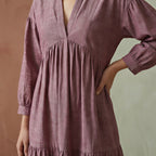 Light Maroon Yarn-Dyed Cotton Deep-V Maxi Tier Dress