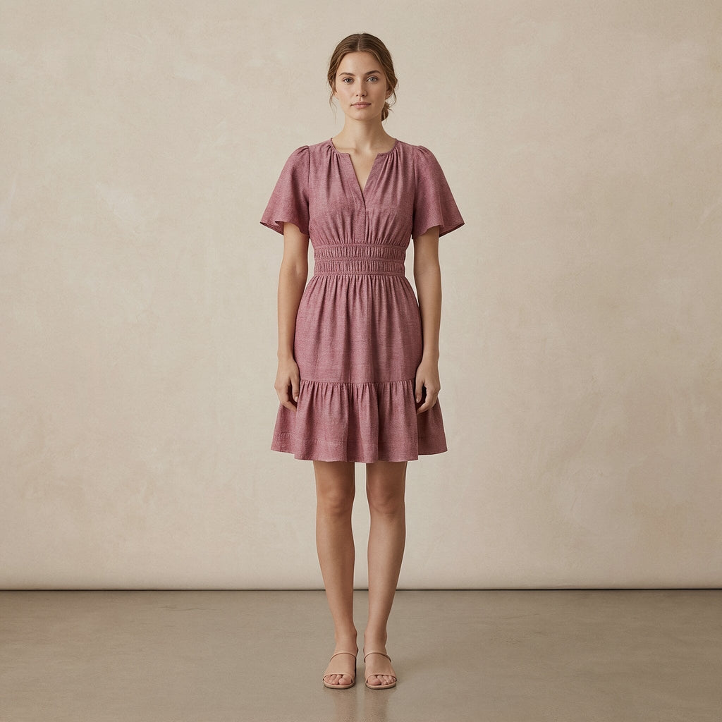 Light Maroon Yarn-Dyed Cotton Elasticated Short Tier Dress