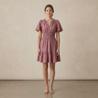 Light Maroon Yarn-Dyed Cotton Elasticated Short Tier Dress