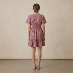 Light Maroon Yarn-Dyed Cotton Elasticated Short Tier Dress