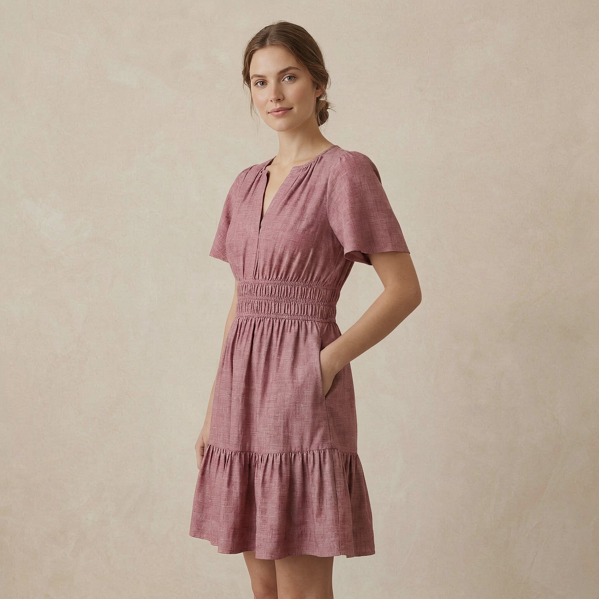 Light Maroon Yarn-Dyed Cotton Elasticated Short Tier Dress