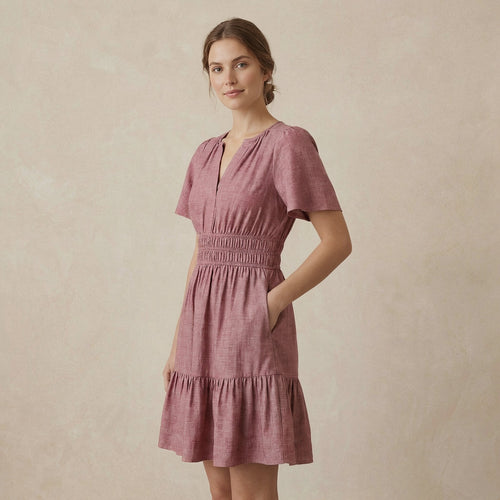Light Maroon Yarn-Dyed Cotton Elasticated Short Tier Dress