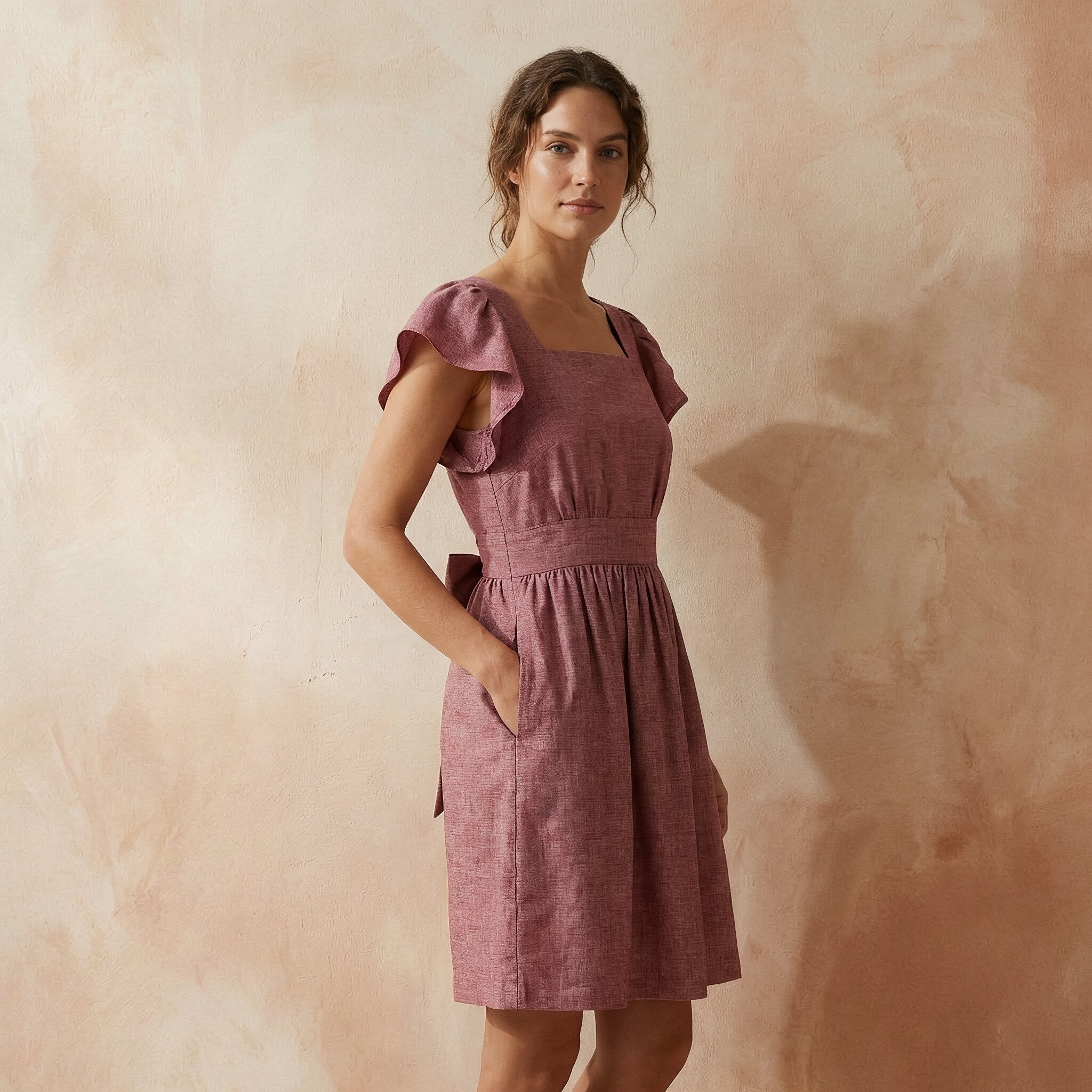 Light Maroon Yarn-Dyed Cotton Open-Back Fit and Flare Knee Length Dress