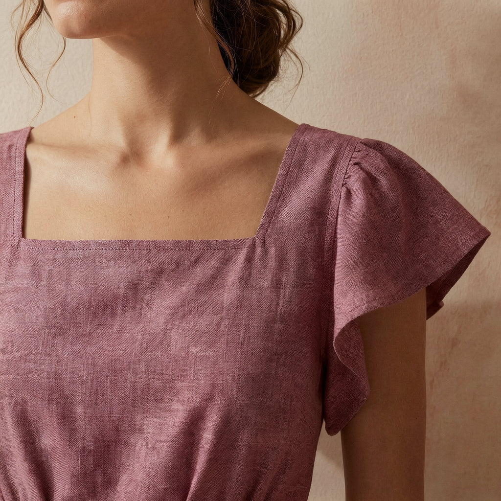 Light Maroon Yarn-Dyed Cotton Open-Back Fit and Flare Knee Length Dress