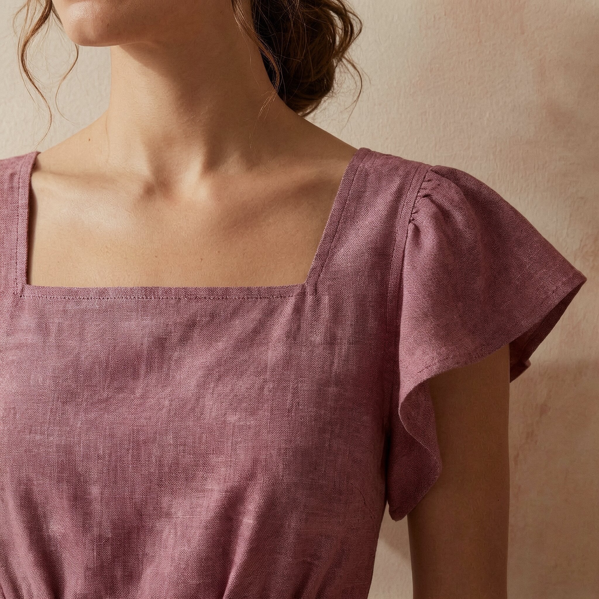 Light Maroon Yarn-Dyed Cotton Open-Back Fit and Flare Knee Length Dress