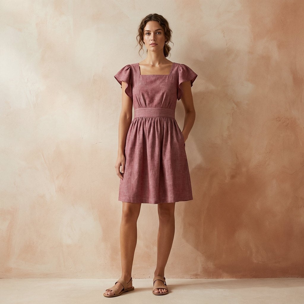 Light Maroon Yarn-Dyed Cotton Open-Back Fit and Flare Knee Length Dress